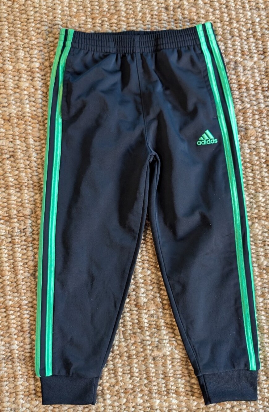 Boys Adidas Black Track Pants with Neon Green Stripes - Kids Size Small